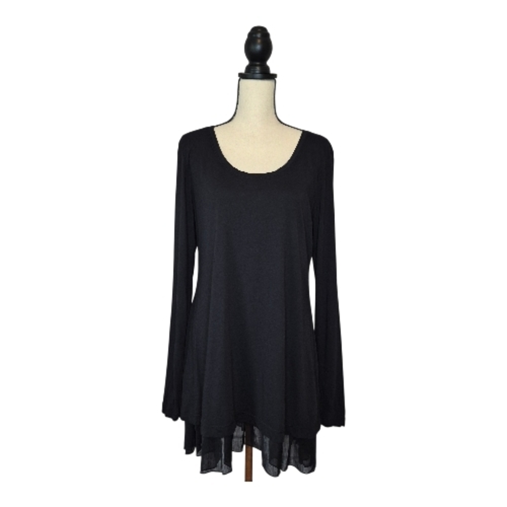 Peruvian Connection Eloise Tunic Top Black Long Sleeve Layered Scoop Neck Size L
